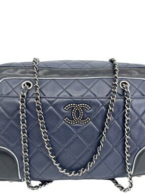 Chanel  Medium Two Tone Quilted Calfskin Leather Chain Camera Crossbody Bag Blue